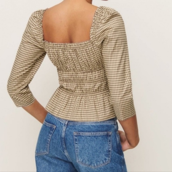 NWT Reformation Lauryn Checkered Quarter Sleeve Bow Top Brown 8 - Picture 5 of 17